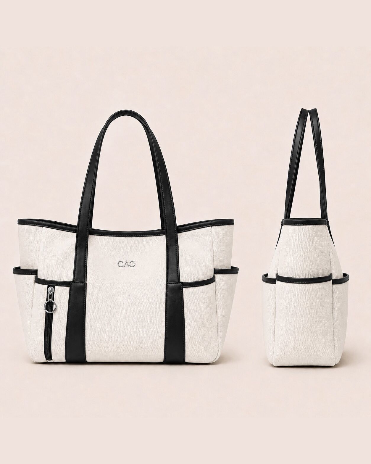 The CAO Tote in Black / Ivory, front and side